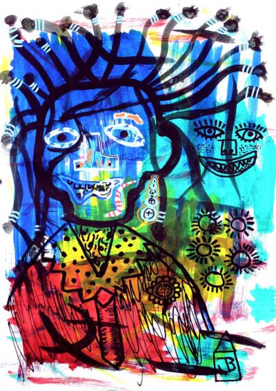 Digital print of artwork by Jake Bibic, Year 11, Christian College Geelong Student artwork of multi-face portrait in black lines