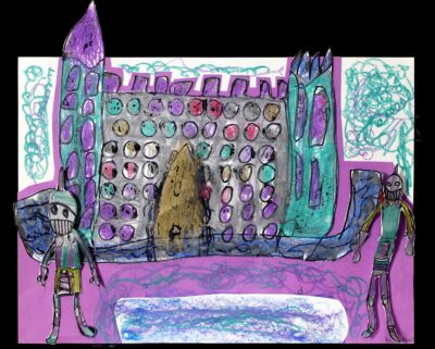 Pencil, black marker metallic oil paints on paper by Amity Ellis, Prep, Christian College Geelong Student artwork of a castle and knights