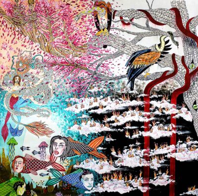 Digital print of artwork by Lily Ahlberg, Year 12, Christian College Geelong Student artwork of surreal nature with faces