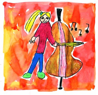 Watercolour, oil pastel and marker on paper by Esther Hines, Year 1, Christian College Geelong Student artwork of a girl playing a double bass
