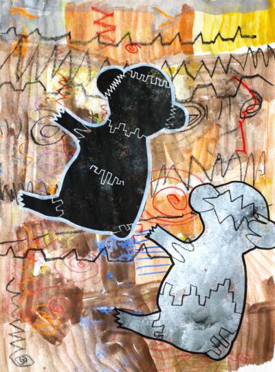 Black wax crayon, mixed media drawing on paper by Oscar Maddock, Year 2, Christian College Geelong Student artwork of two koalas