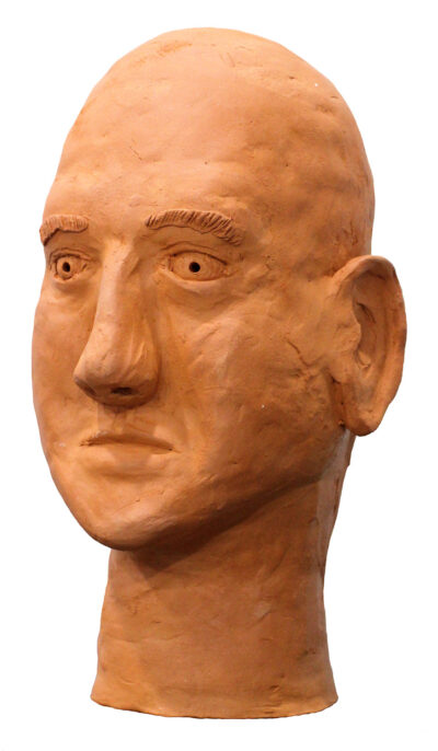 Unglazed clay by Angus Kleynjan, Year 9, Melbourne Rudolf Steiner School Student artwork of a clay bust