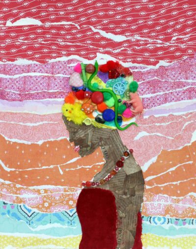 Paper collage and found objects assemblage on paper by Lexi Schulz, Year 7, Castlemaine Steiner School and Kindergarten Student artwork of a female wearing a headdress made from found objects