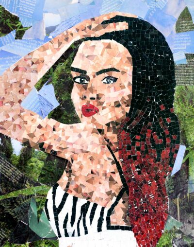 Paper collage on paper by Maya Neale, Year 7, Castlemaine Steiner School and Kindergarten Student artwork of a collage of a girl posing