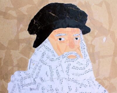 Paper collage on Paper by Obi Burdziejko-Ryan, Year 7, Castlemaine Steiner School and Kindergarten Student artwork of a musical note collage beard