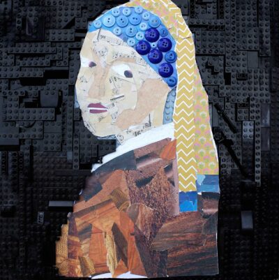Paper collage and lego construction assemblage, by William Robertson, Year 7, Castlemaine Steiner School and Kindergarten Student artwork of girl with a pearl earring