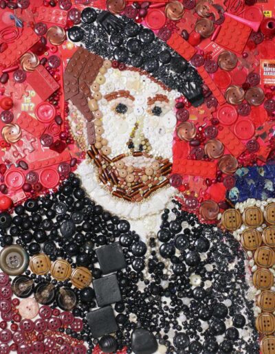Found objects assemblage on paper, by Cielo Demaria-O'Sullivan, Year 7, Castlemaine Steiner School and Kindergarten Student artwork of a collage of a man in buttons