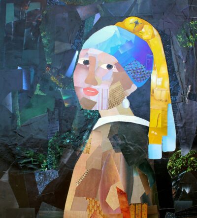 Paper collage on foam core board, by Xavier Jarrett, Year 7, Castlemaine Steiner School and Kindergarten Student artwork of girl with a pearl earring