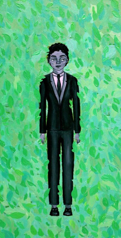 Acrylic on canvas by Rebbecca Glynn, Year 12, Methodist Ladies’ College (MLC) Student artwork of a portrait on a leafy background