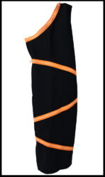 Textile, black neoprene with hand-painted zips by Posh Eddy, Year 12, Methodist Ladies’ College (MLC) Student artwork of a neoprene dress