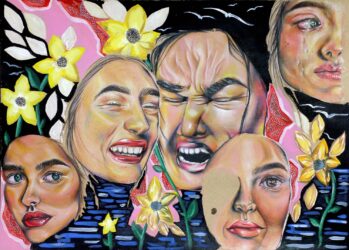 Pencil and acrylic paint on paper by Isabella Razmovski, Year 12, Overnewton Anglican Community College Student artwork of faces in flowers