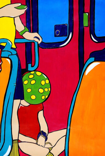 Acrylic paint on paper by Mia Tsiavis, Year 12, Overnewton Anglican Community College Student artwork of people on a tram