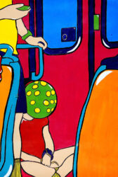 Acrylic paint on paper by Mia Tsiavis, Year 12, Overnewton Anglican Community College Student artwork of people on a tram