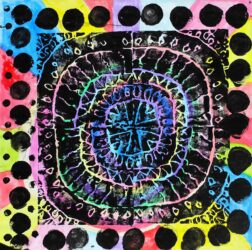 Acrylic paint and print on paper by Giselle Cardoso-Gonzalez, Year 4, Overnewton Anglican Community College Student artwork of a colourful radial pattern