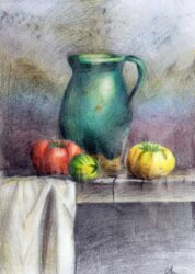 Coloured pencils on paper by Olivia Asencarov, Year 10, Overnewton Anglican Community College Student artwork of a still life with tomatoes