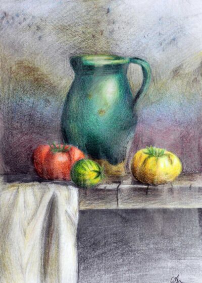 Coloured pencils on paper by Olivia Asencarov, Year 10, Overnewton Anglican Community College Student artwork of a still life with tomatoes