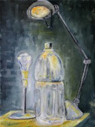 Oil on canvas by Ringoro Watanabe, Year 10, Melbourne Rudolf Steiner School Student artwork of a still life with bottle