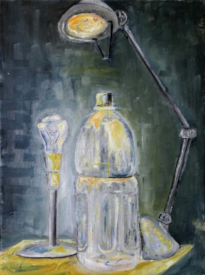 Oil on canvas by Ringoro Watanabe, Year 10, Melbourne Rudolf Steiner School Student artwork of a still life with bottle