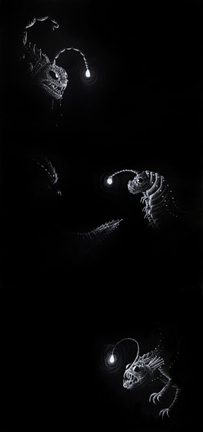 Pencil on paper by Leo Prezant, Year 11, The King David School Student artwork of monsters in the dark