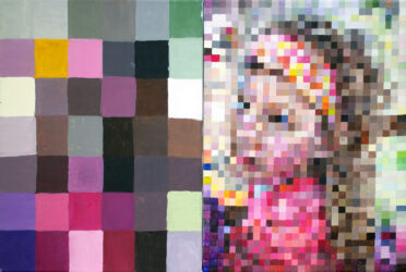 Acrylic on canvas, by Mia Wald, Year 10, The King David School Student artwork of a portrait done in pixels