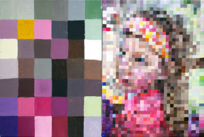 Acrylic on canvas, by Mia Wald, Year 10, The King David School Student artwork of a portrait done in pixels