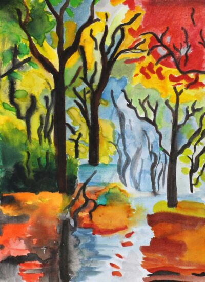 Watercolour on Paper by Maleka Syeda, Year 8, Sirius College Student artwork of autumn trees and a stream