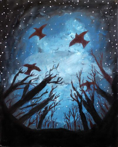 Mixed Media on Canvas by Hussain Alabsawi, Year 10, Sirius College Student artwork of birds flying at night
