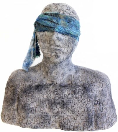 Ceramic Sculpture with Cloth by Cara Thomas, Year 11, Carey Baptist Grammar School Student artwork of a sculpture bust with eyes covered