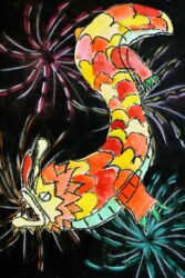 Watercolour and Oil Pastel on Paper by Maeve Jones, Year 3, The Maharishi School Student artwork of a Chinese dragon