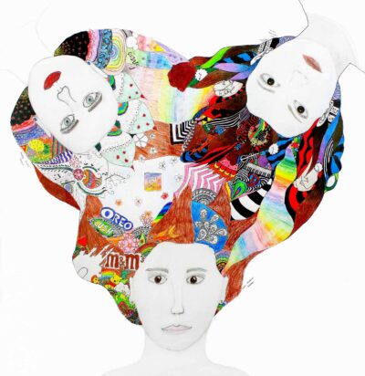 Mixed Media on Paper by Arillian Fletcher-Blake, Laura McKinnon and Brooke Thwaites, Year 9, Cathedral College Wangaratta Student artwork of three connected portraits