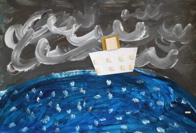 Mixed Media on Paper by Elva Shang, Year 1, St Andrew’s Christian College Student artwork of a ship sailing