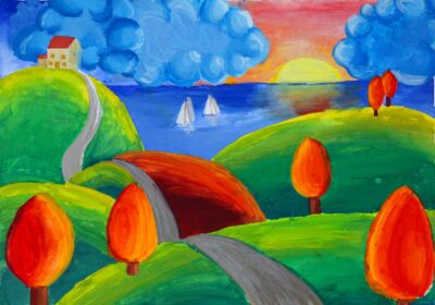 Acrylic on Paper by Madison Adams, Year 7, Aitken College Student artwork of a countryside