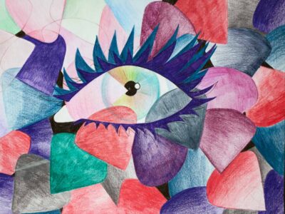 Coloured Pencil on Paper by Ayse Colakoglu, Year 9, Sirius College Student artwork of a cubist eye