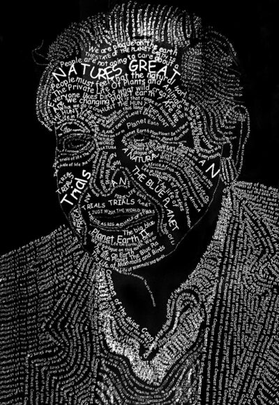 Digital Photograph by Beatrix Clarke, Year 8, Cathedral College Wangaratta Student artwork of a text portrait of David Attenborough