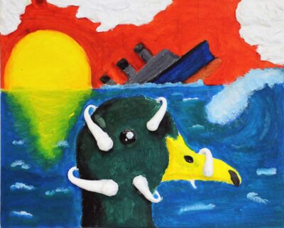 Mixed Media on Canvas Board by Andrew Moore, Year 8, Kilvington Grammar School Student artwork of a duck and a shipwreck
