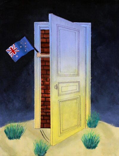 Acrylic on Board by Erica Brown, Year 9, Aitken College Student artwork of a hand holding a flag through an open door