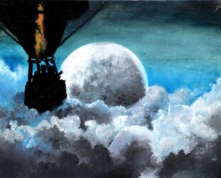 Acrylic on Canvas Board by Alice Zhang, Year 7, St Andrew’s Christian College Student artwork of hot air balloon and full moon