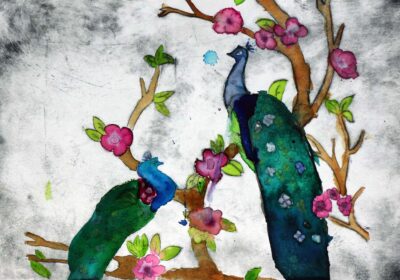 Drypoint Etching and Watercolour on Paper by Pippa Roberts, Year 8, Cathedral College Wangaratta Student artwork of peacocks and cherry blossoms