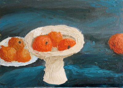 Oil on Canvas by Luca Cattapan, Year 10, St Michael’s Grammar School Student artwork of a still life with oranges