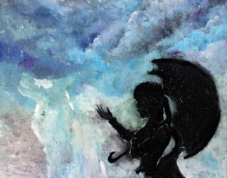 Acrylic on Canvas Board by Sophia Tran, Year 7, St Andrew’s Christian College Student artwork of girl silhouette holding an umbrella