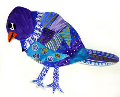 Paint and Pen on Cardboard by Aiva Anagnostiadis, Year 4, Kilvington Grammar School Student artwork of a bird