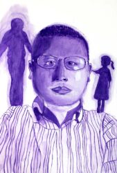 Acrylic on Canvas by Alice Tong, Year 10, Mentone Girls’ Grammar School Student artwork of portrait in purple