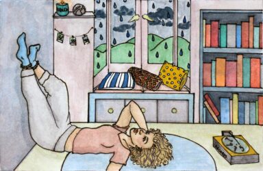 Watercolour on Paper by Meg Da Costa, Year 12, Lakeside College Student artwork of of a girl listening to records