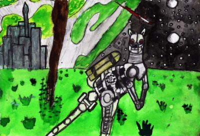 Drypoint Etching on Paper by Damon Kaine, Year 8, Cathedral College Wangaratta Student artwork of a robot kangaroo