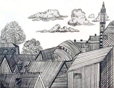 Drypoint Etching on Paper by Pippa Van Wijick, Year 7, St Michael’s Grammar School Student artwork of rooftops