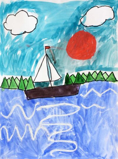 Mixed Media on Paper by Idil Kurt, Year 1, Aitken College Student artwork of a sailing ship