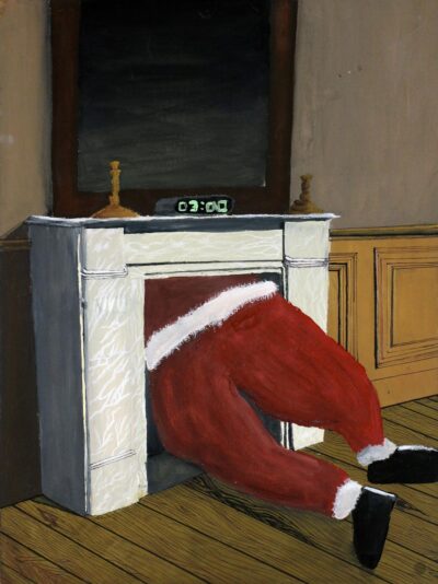 Gouache on Board by Filipe Filihia, Year 9, Aitken College Student artwork of Santa Clause in a chimney