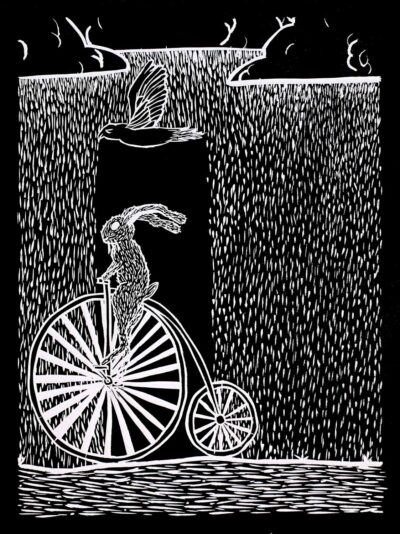 Print on Paper by Hannah Russell, Year 10, The Hamilton and Alexandra College Student artwork of a rabbit riding a penny farthing