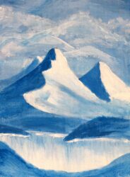 Acrylic Paint on Canvas Board by Amelia Ryan, Year 8, Northside Christian College Student artwork of snowy mountains