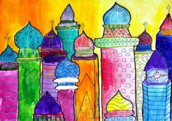 Oil Pastel, Watercolour and Fineliner on Paper by Esther Jones, Year 6, The Maharishi School Student artwork of St Basil's Cathedral